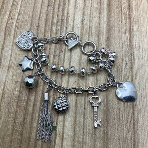 Guess Multi Strands Silver Tone Charms Toggle Bracelet